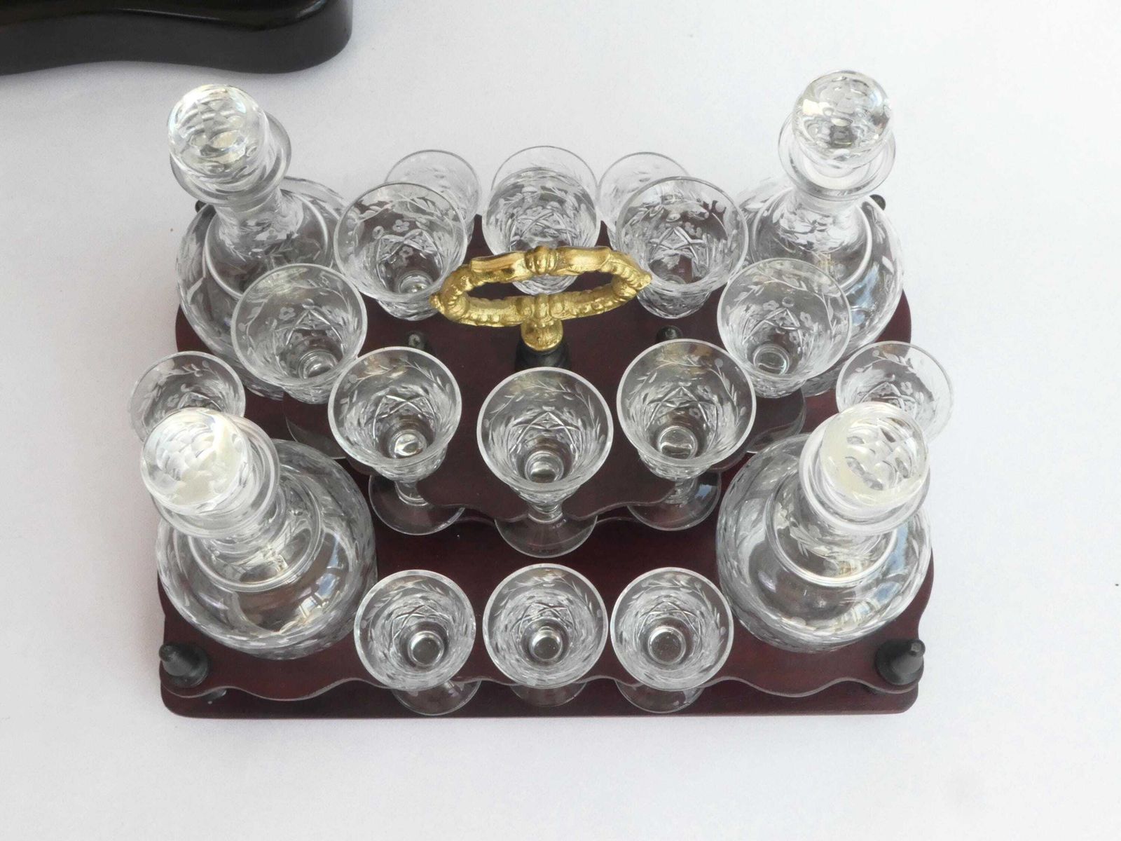French Napoleon III Tantalus With Crystal Glassware, Antique Wooden Walnut Inlaid Liquor Cabinet, Cellar With Guitar Figure photo vinterior