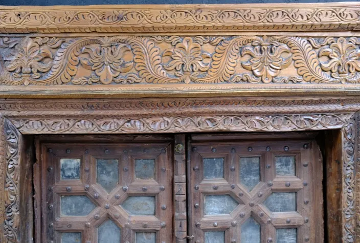 Antique Indian Handcrafted Door With Frame | Early 20th Century Hand Carved Teak Wood & Ironwork | Rajasthani Architectural Piece photo 4995.0