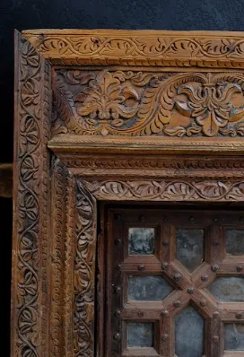 Antique Indian Handcrafted Door With Frame | Early 20th Century Hand Carved Teak Wood & Ironwork | Rajasthani Architectural Piece photo vinterior