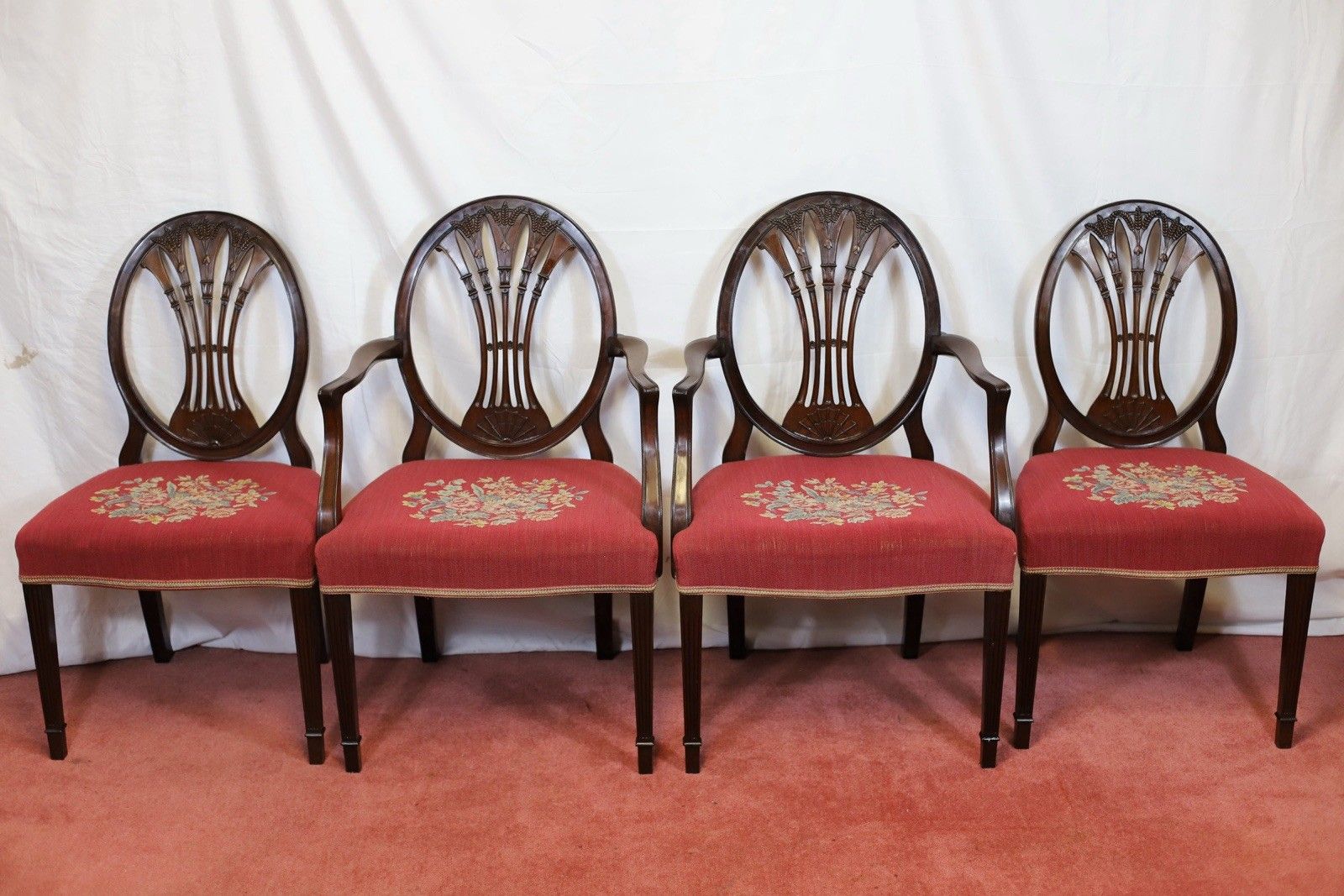 1532.0 Lovely Set Of Eight Victorian Carved Mahogany Hepplewhite Style Dining Chairs photo