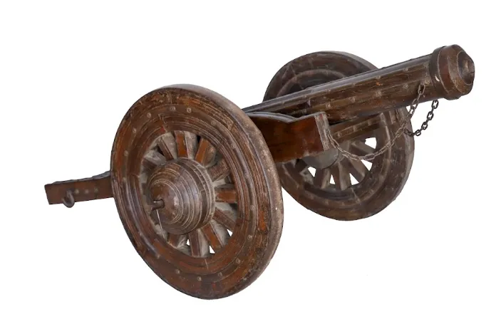Antique French Designed Teakwood Pillar Canon | Circa 1890 Hyderabad, India | Military Artillery With Working Wheels