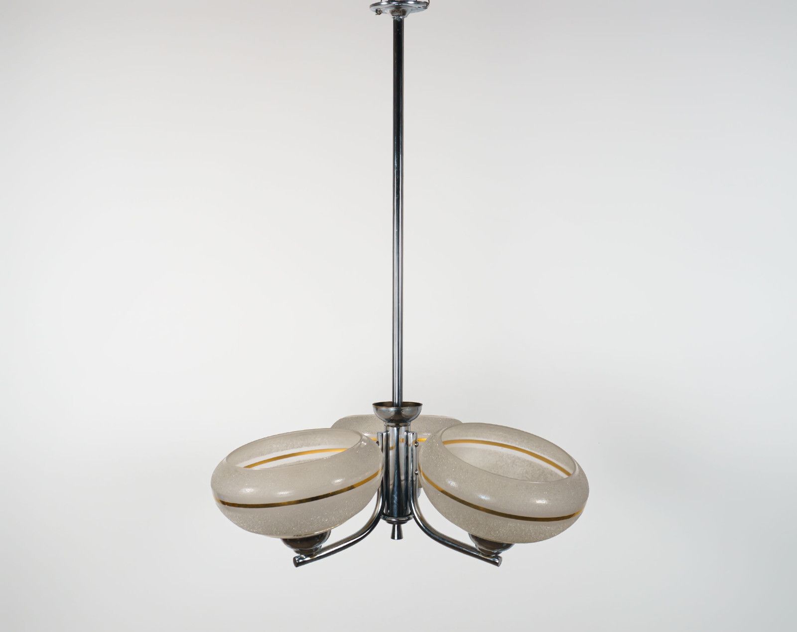 Original 1930s English Art Deco 3 Arm Chrome & Gold Gilt Glass Chandelier Lamp photo furniture