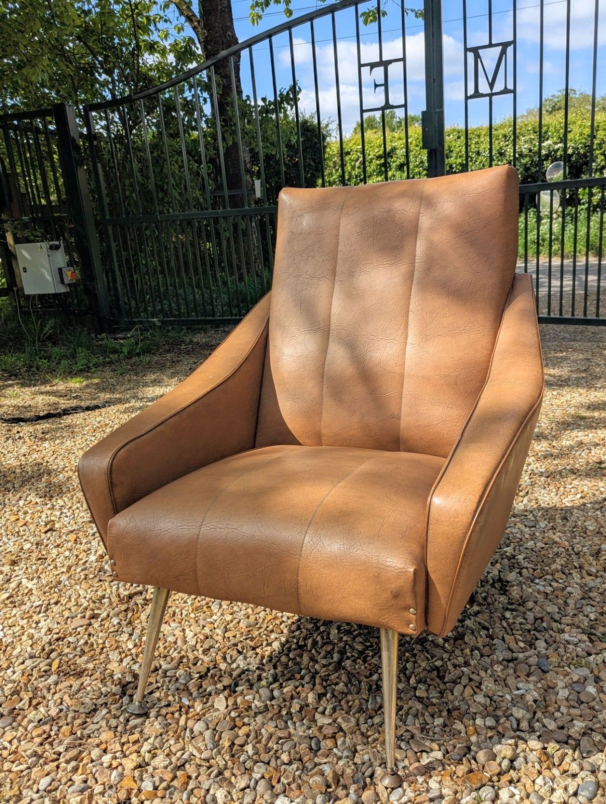 Quality Vintage 1960 Italian Armchair Brass Taper Supports  Delivery Available photo furniture