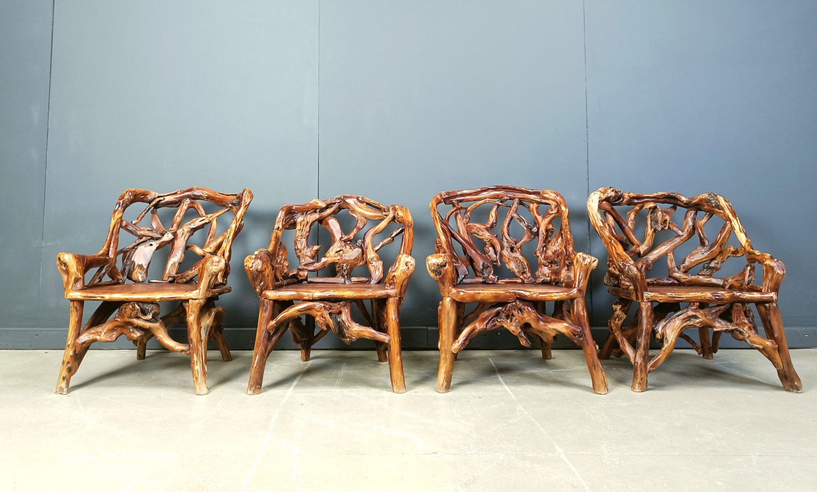 photo for sale Rustic Wood And Knotted Root Armchairs, Set Of 4   1960s
