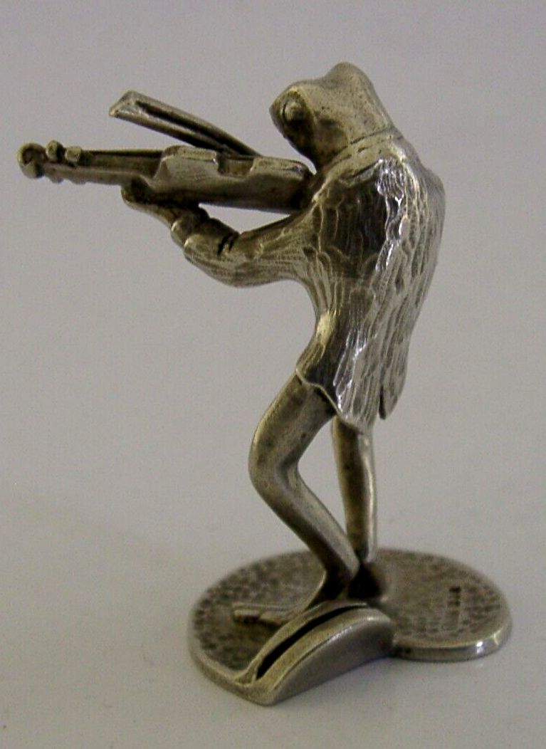 Sterling Silver Animal Frog Playing Violin Menu Holder London 1989 Novelty photo vinterior
