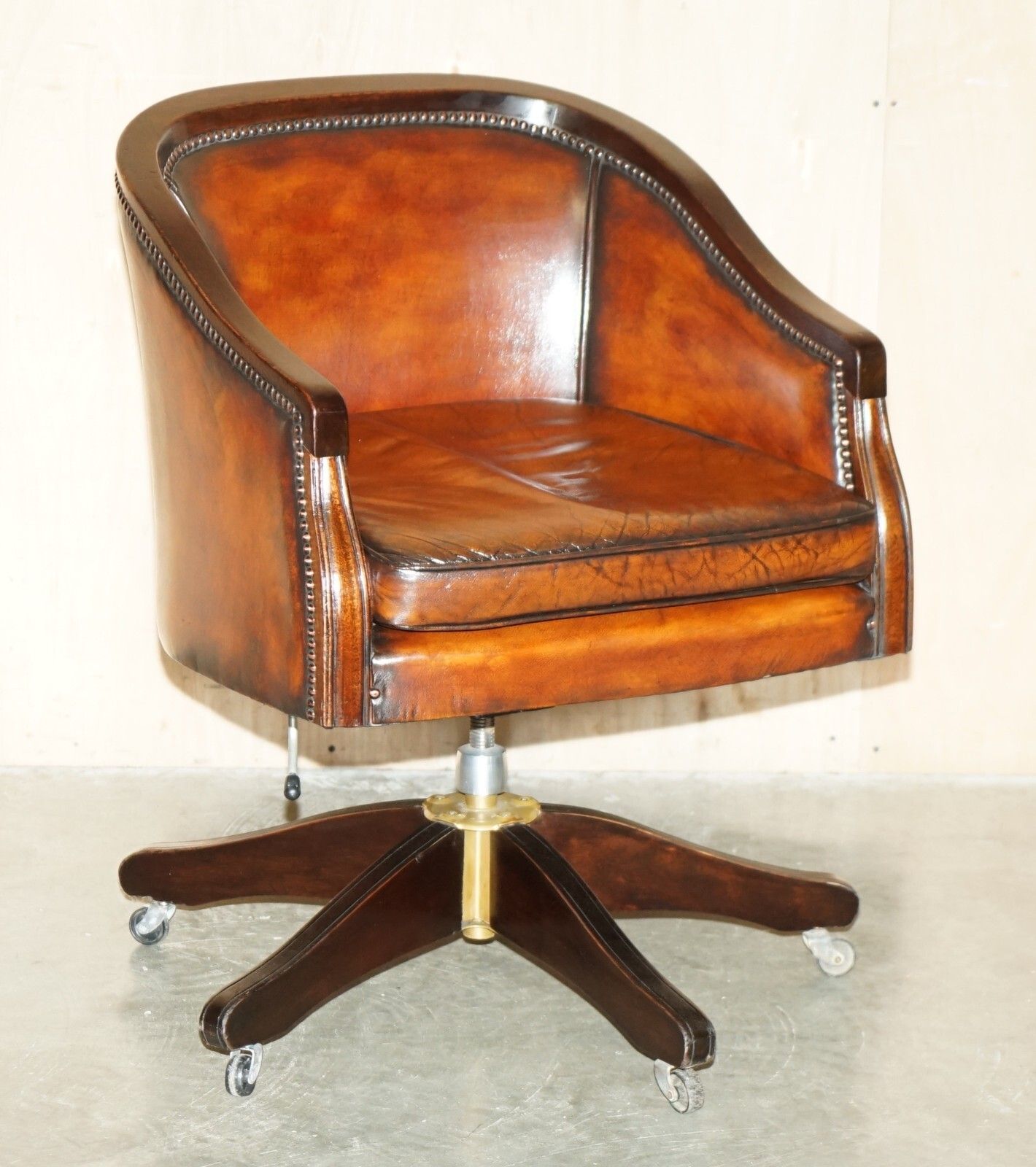 Vintage Fully Restored Brown Leather Barrel Back Directors Captains Armchair