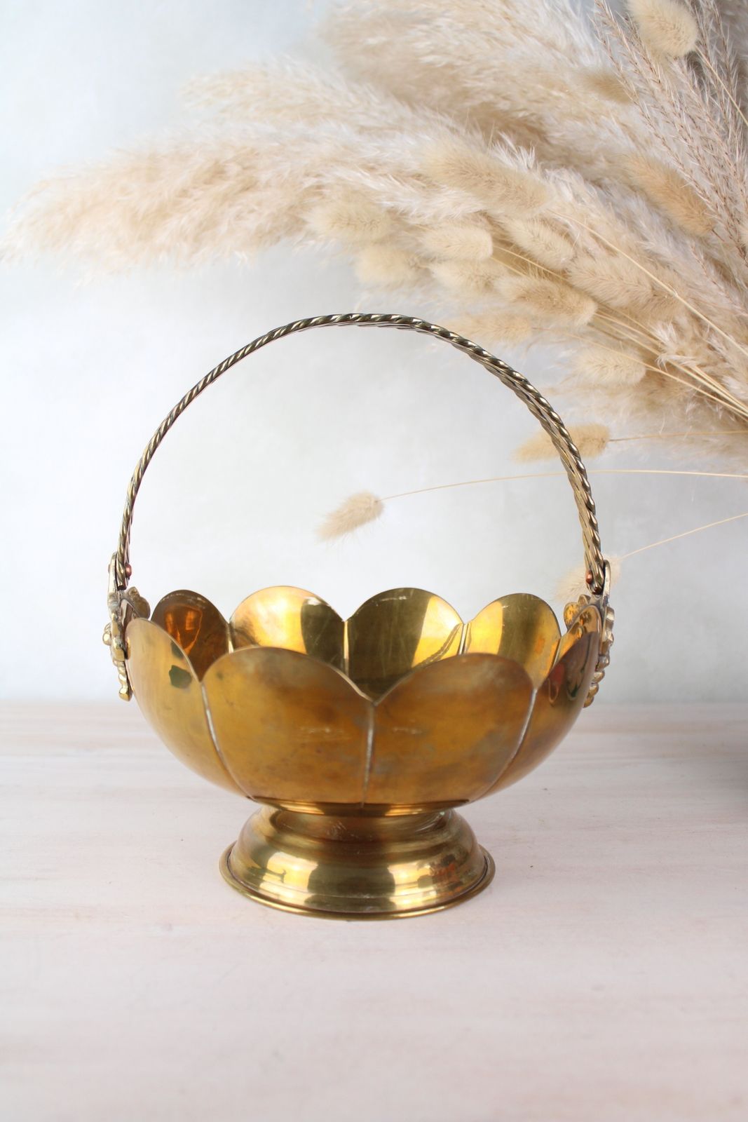 Brass Vintage Scalloped Edge Basket With Handle