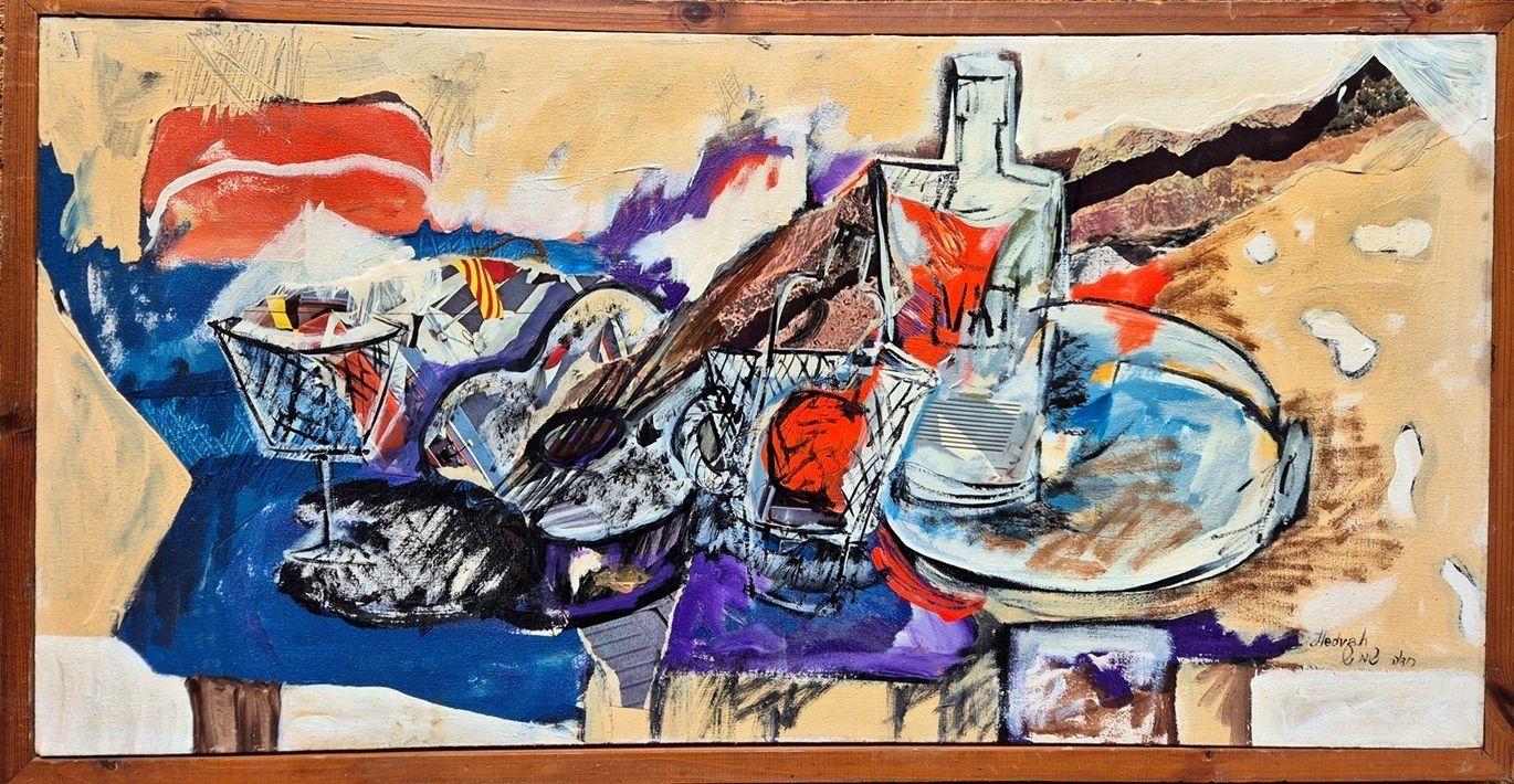 Hedvah Shemesh 'Still Life' Oil Painting With Collage, Israeli 1960s Art photo for sale