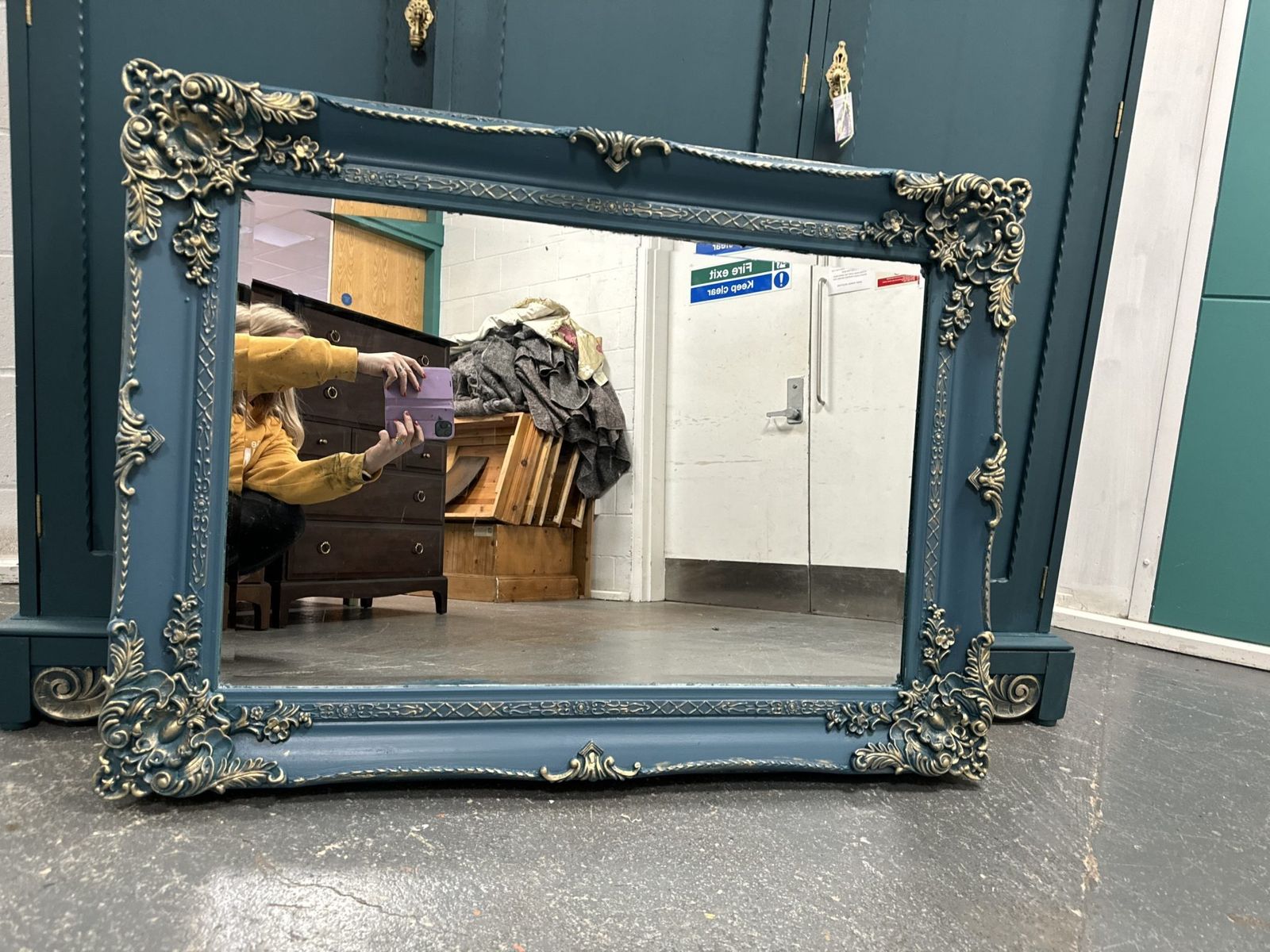 Large Mirror French Baroque Antique Ornate Custom Painted Teal And Gold Leaf photo furniture