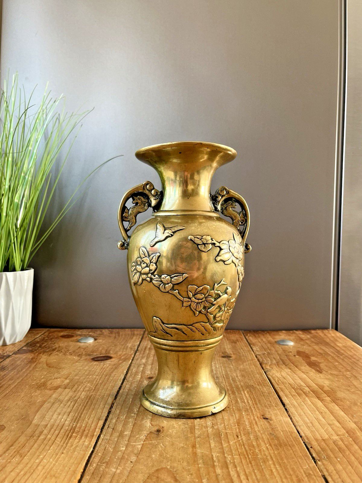 Antique Japanese Meiji Period Bronze / Brass Vase Bird Floral Aesthetic Movement photo furniture