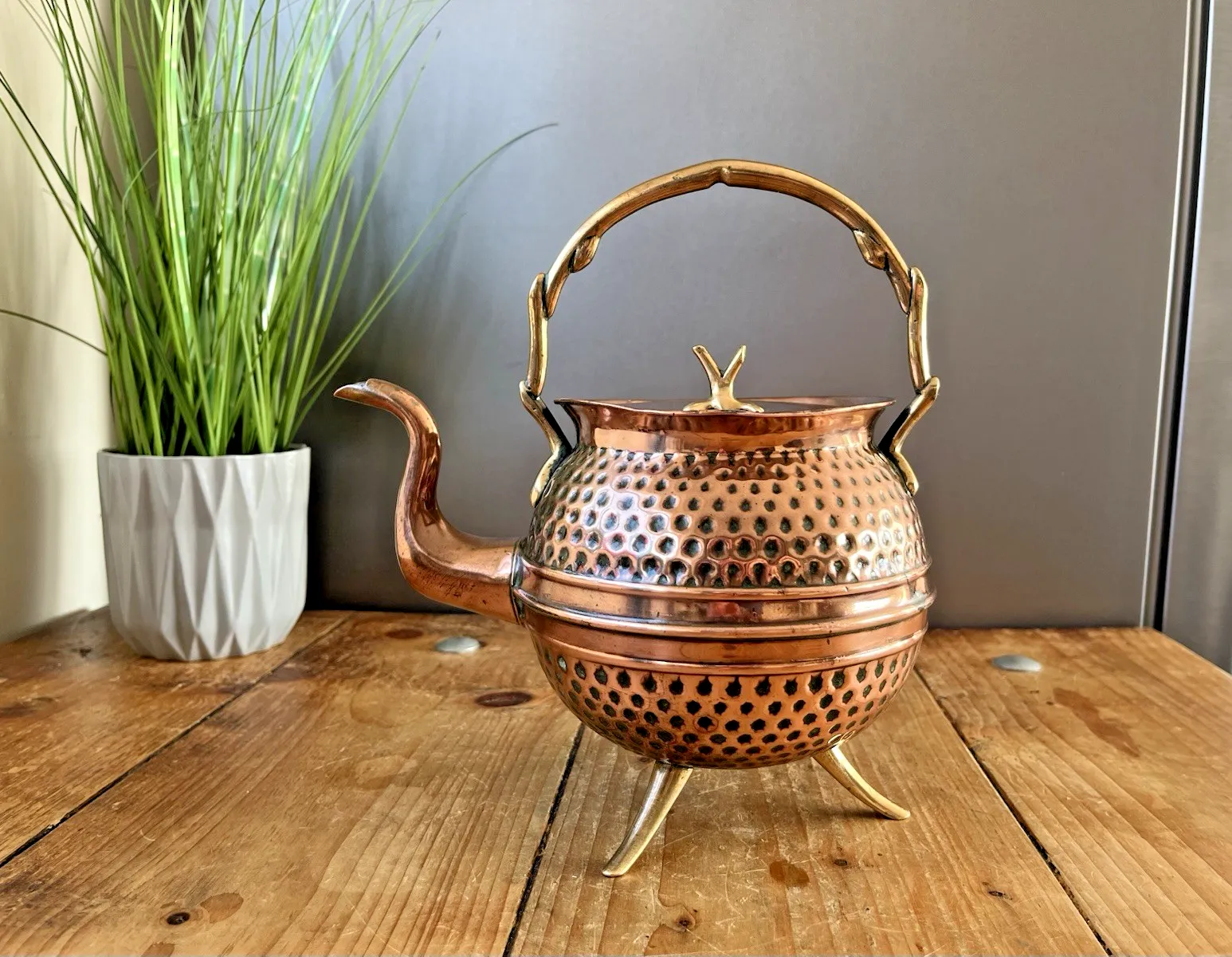 Antique Aesthetic Movement Copper & Brass Dimpled Spirit Kettle Was Benson Style