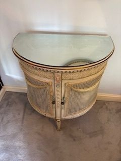 Vintage Louis XVI Revival Demi Lune Cane Cabinet With Glass Top photo for sale