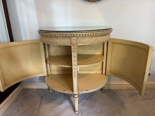 Vintage Louis XVI Revival Demi Lune Cane Cabinet With Glass Top photo Furniture