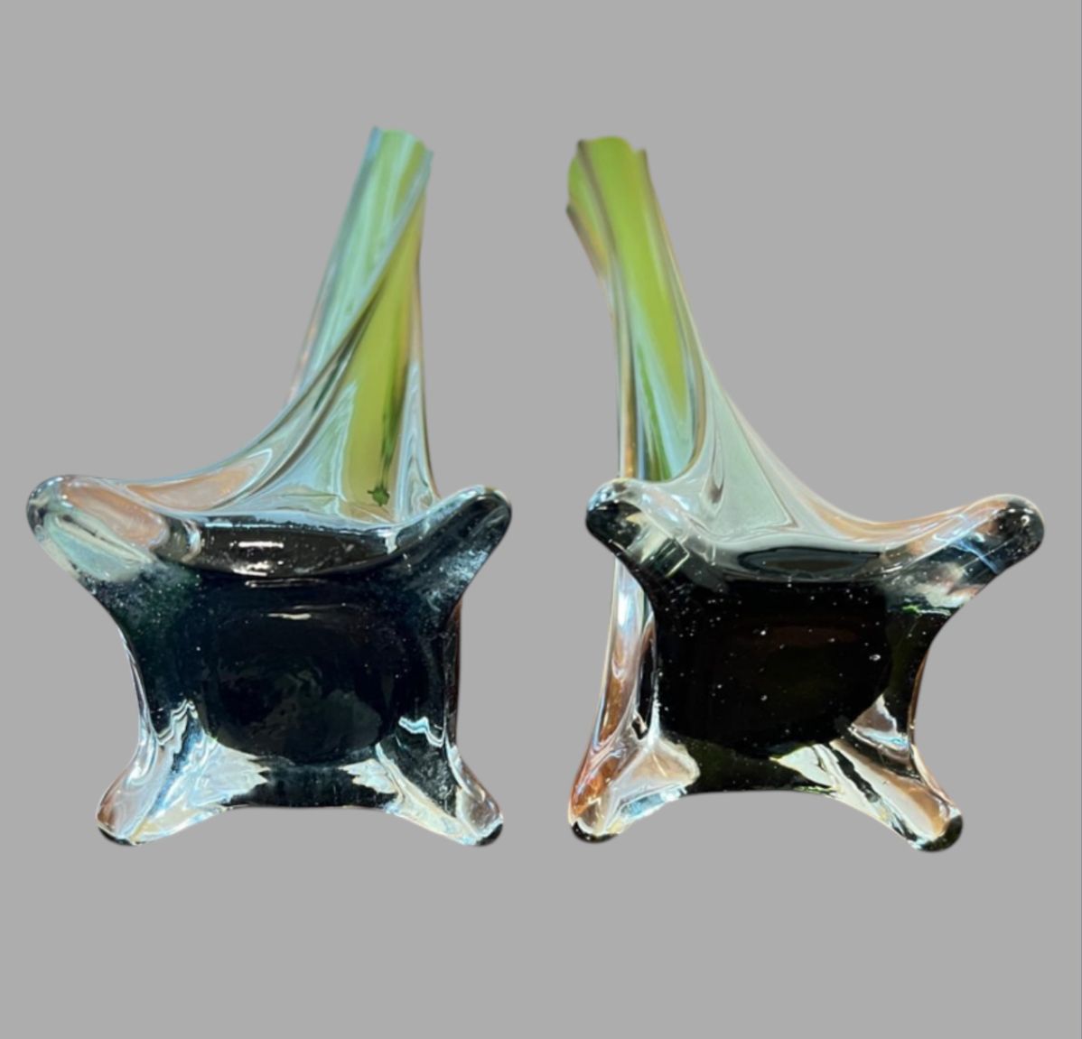 An Attractive Pair Lime Green Art Glass Bud Vases photo for sale