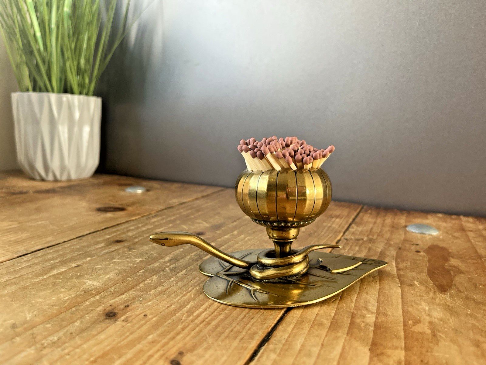 Antique Art Nouveau Brass Leaf Snake Flower Match Holder Incense Burner Candle photo Home Fixtures
