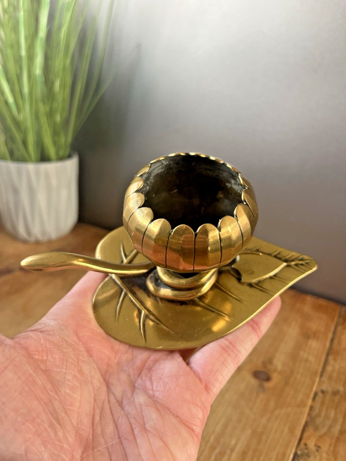 photo for sale Antique Art Nouveau Brass Leaf Snake Flower Match Holder Incense Burner Candle