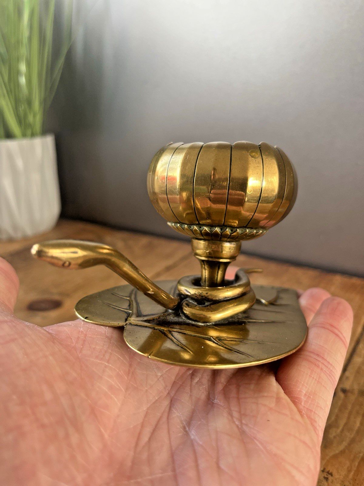 165.0 Antique Art Nouveau Brass Leaf Snake Flower Match Holder Incense Burner Candle photo