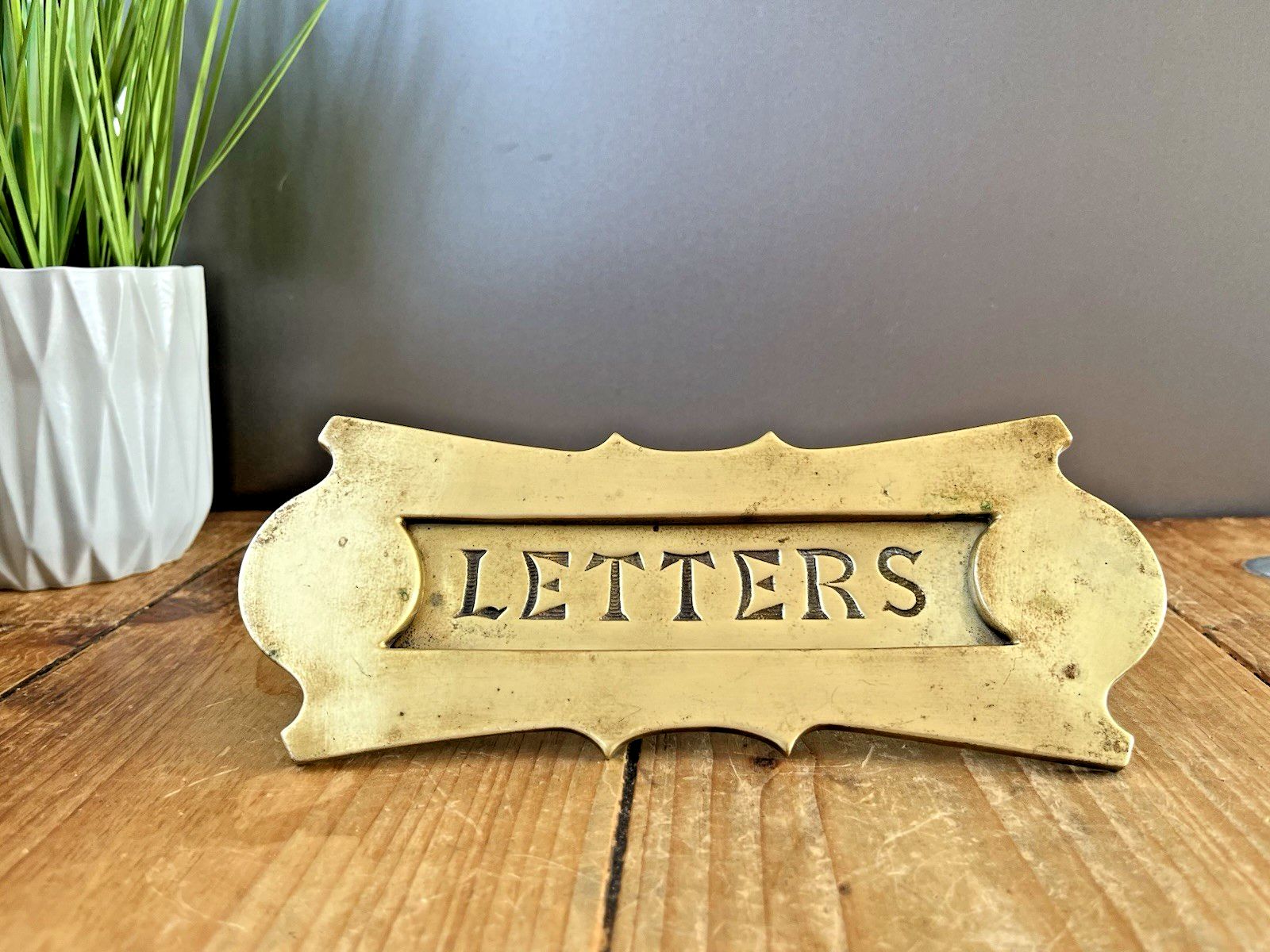 Reclaimed Antique 20's Art Deco Brass Door Knocker Mail Letter Box Posting Slot photo vinterior