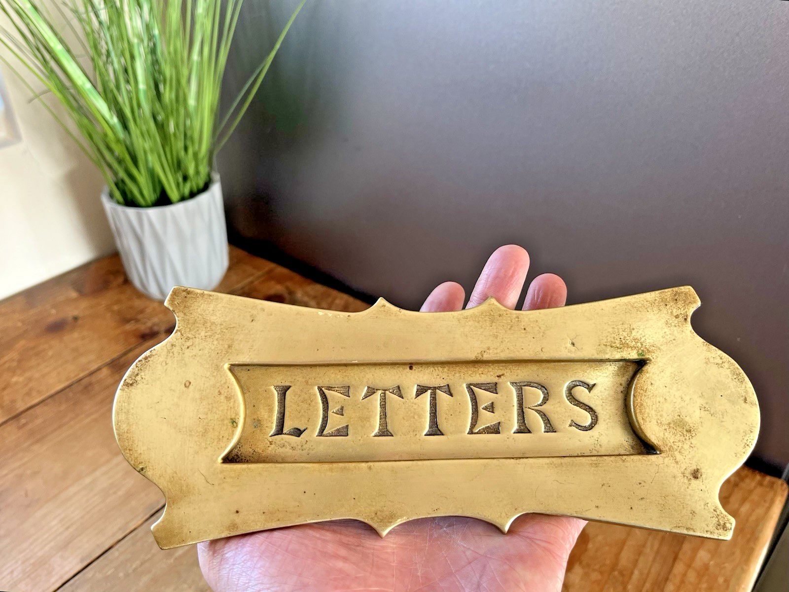 80.0 Reclaimed Antique 20's Art Deco Brass Door Knocker Mail Letter Box Posting Slot photo