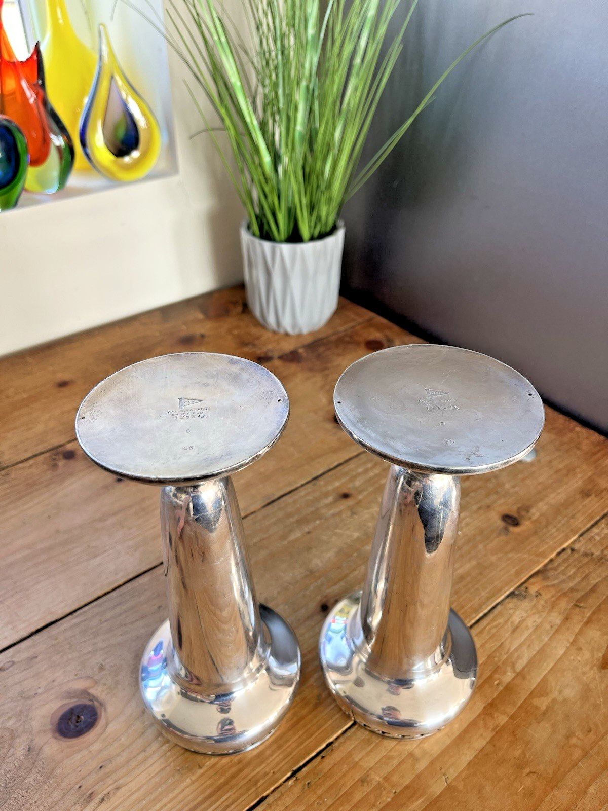 80.0 Pair Of Art Deco Walker & Hall Silver Plated Geometric Mantel Flower Vases Urns photo