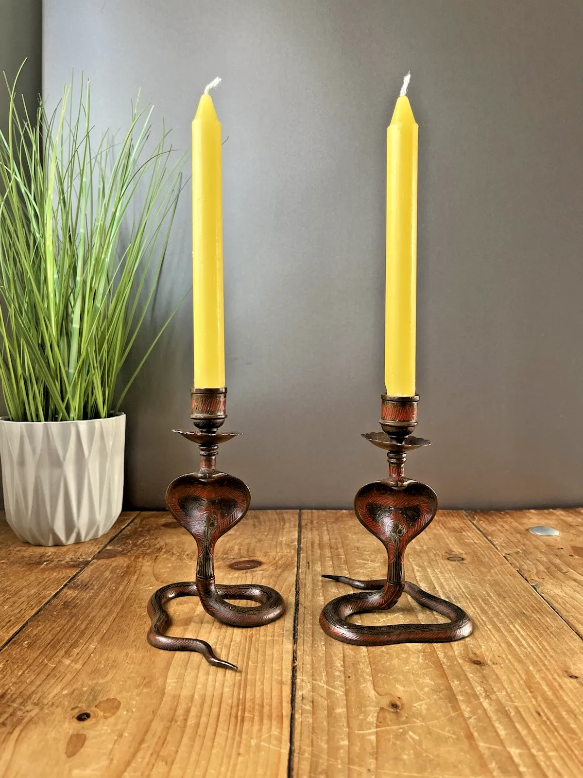 Pair Of Vintage Indian Brass Enamel Paint Cobra Snake Candlesticks Candle Holder photo furniture