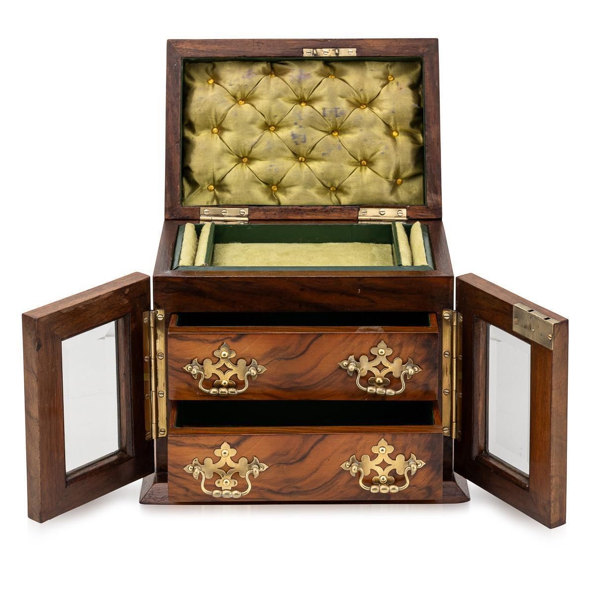Antique 19th Century Victorian Walnut & Glass Fronted Jewellery Box C.1890 photo for sale