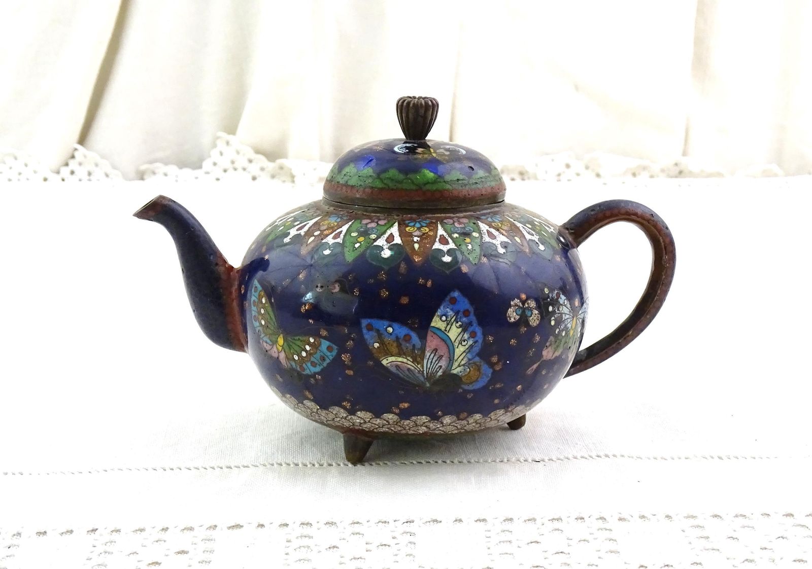 Antique 19th Century Meiji Japanese Cloisonné Teapot In Blue And Green With Butterfly Pattern, Vintage 1800s Enamel Craft Japan Tea Drinking