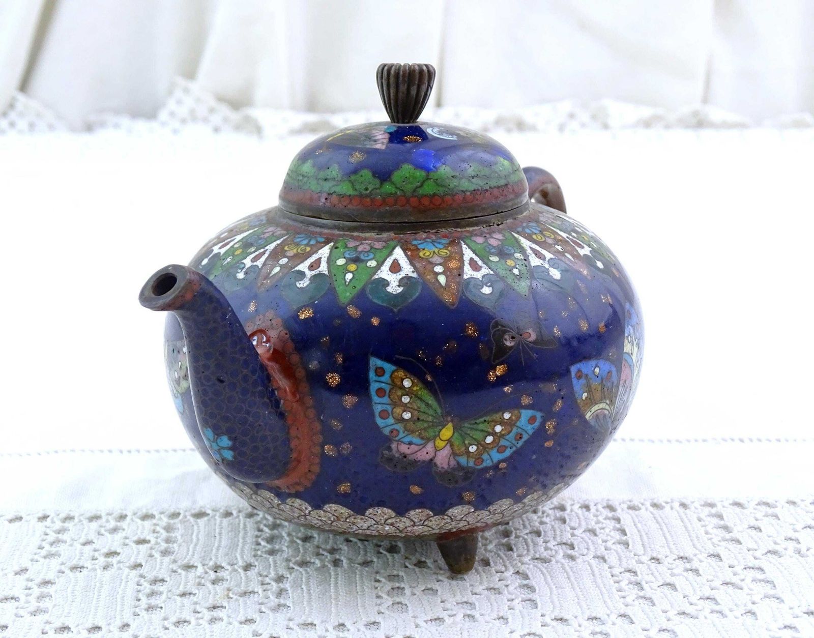 Antique 19th Century Meiji Japanese Cloisonné Teapot In Blue And Green With Butterfly Pattern, Vintage 1800s Enamel Craft Japan Tea Drinking photo furniture