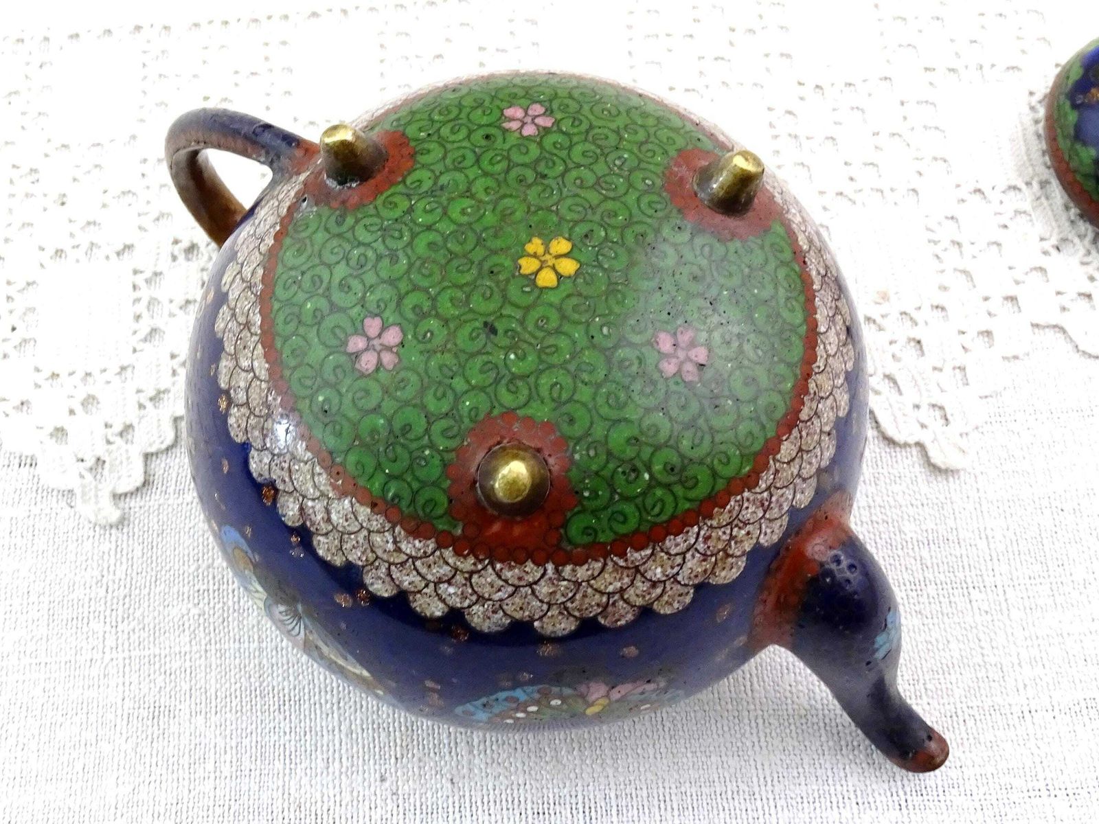 Antique 19th Century Meiji Japanese Cloisonné Teapot In Blue And Green With Butterfly Pattern, Vintage 1800s Enamel Craft Japan Tea Drinking photo buy