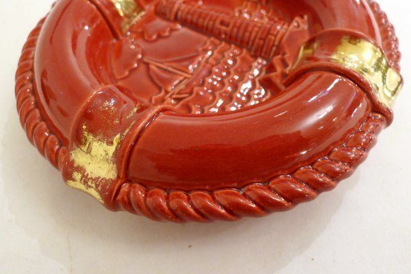 Buoy Ashtray In Red Earthenware And Gilding With Marine Decoration From Verceram, France 1950s 1960s photo furniture