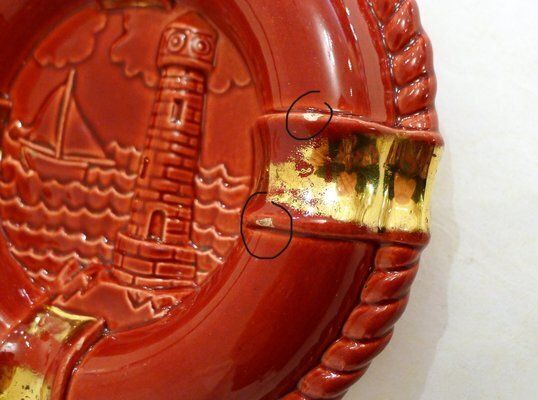 Buoy Ashtray In Red Earthenware And Gilding With Marine Decoration From Verceram, France 1950s 1960s photo Home Decor