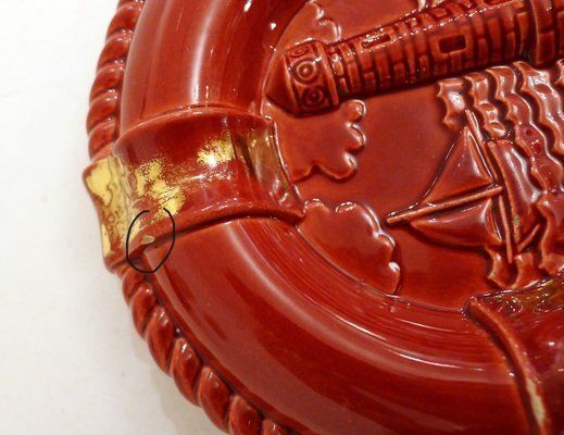 Buoy Ashtray In Red Earthenware And Gilding With Marine Decoration From Verceram, France 1950s 1960s photo vintage