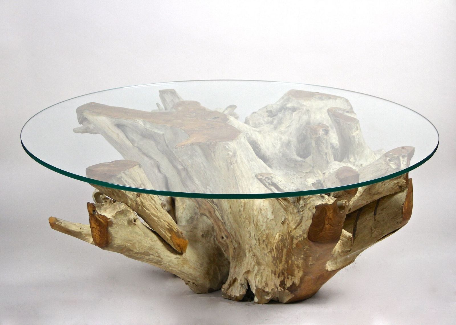 21st Century Round Teak Root Coffee Table With Glass, Organic Modern, 2024 photo furniture