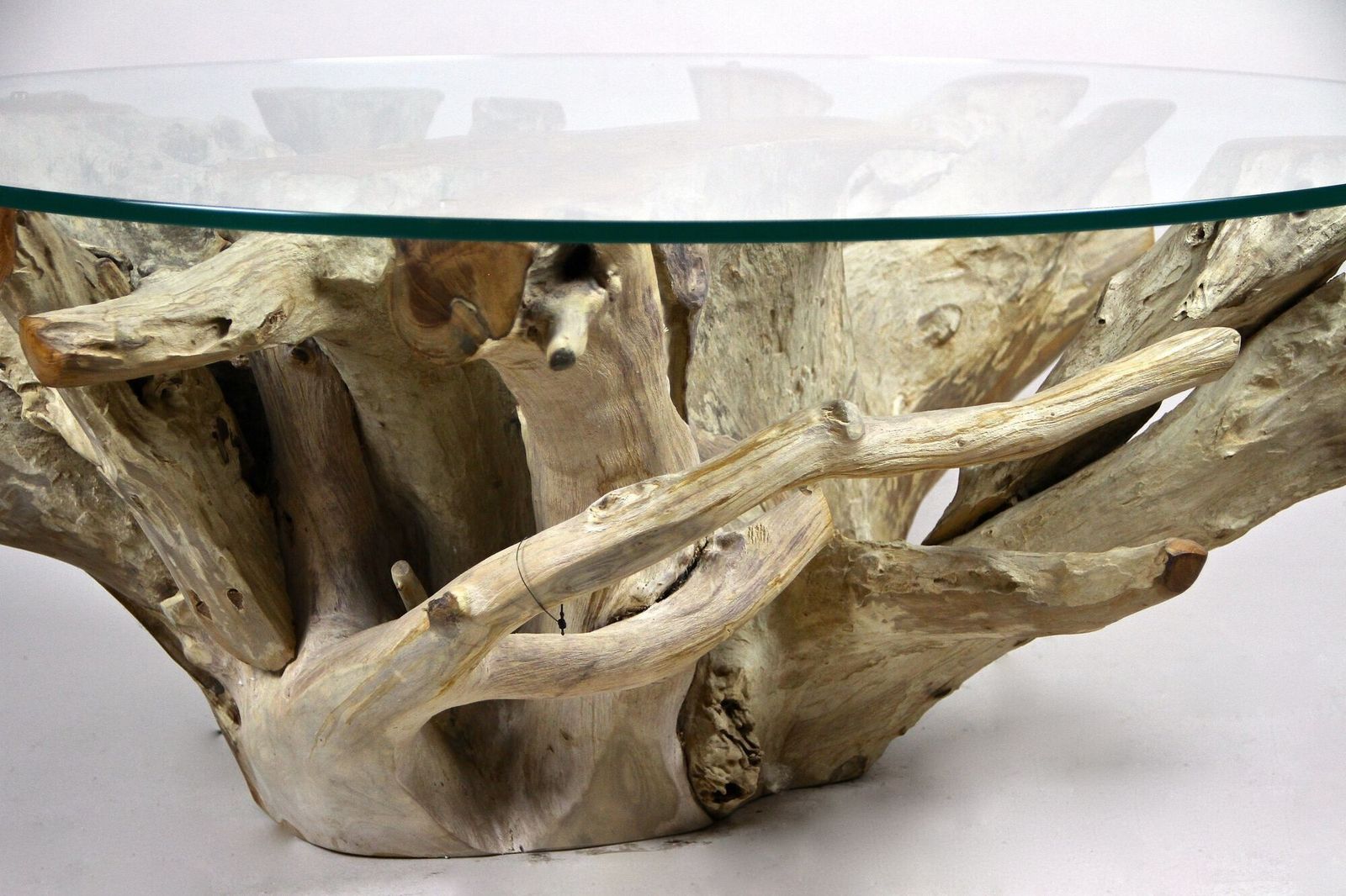 21st Century Round Teak Root Coffee Table With Glass, Organic Modern, 2024 photo vinterior