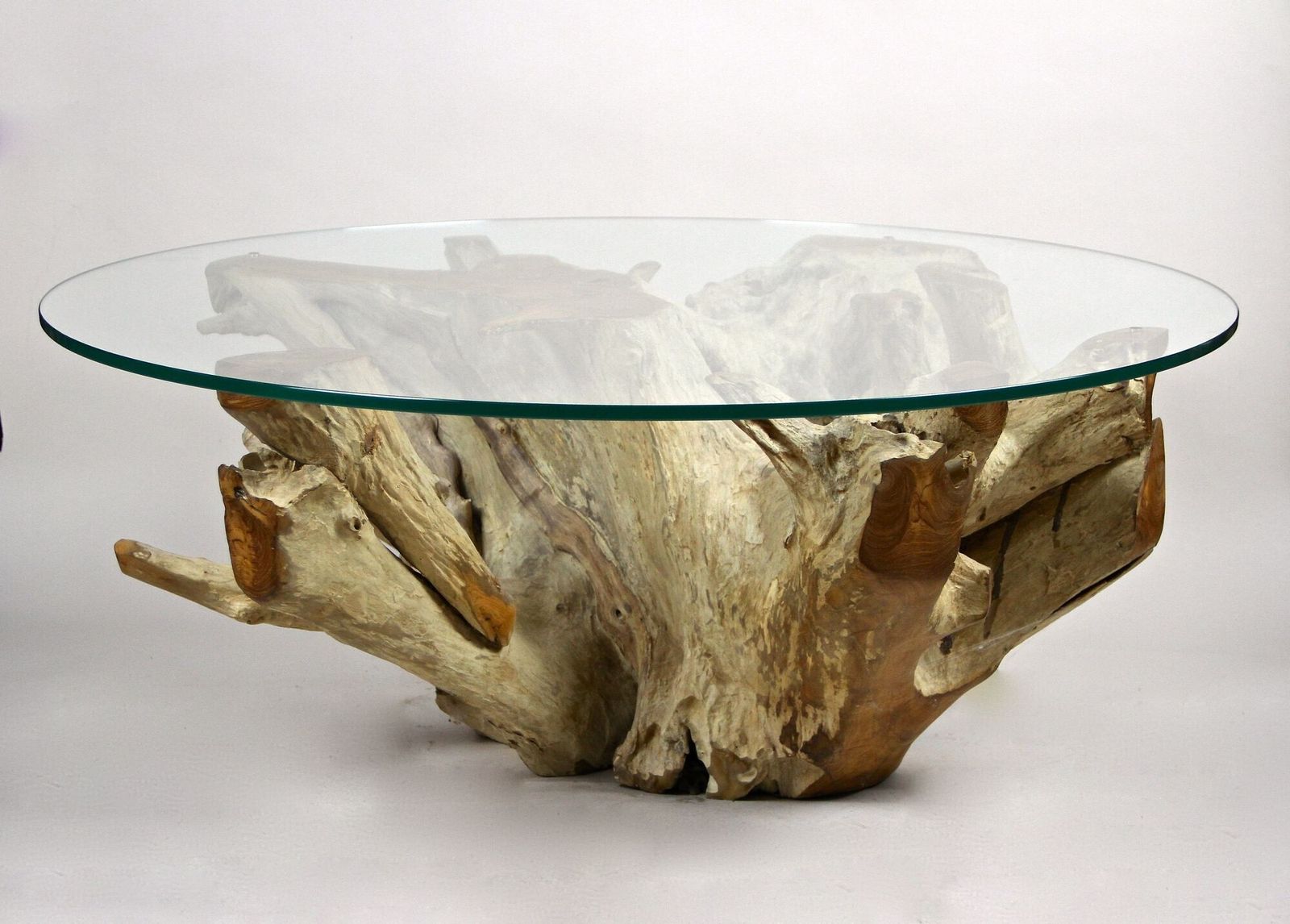 21st Century Round Teak Root Coffee Table With Glass, Organic Modern, 2024 photo buy