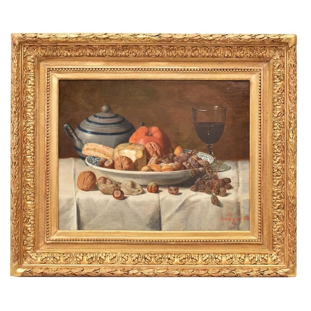 Still Life Oil Painting, Still Life With Fruit And Cheese, Oil On Canvas, Antique Painting, XIX Century.