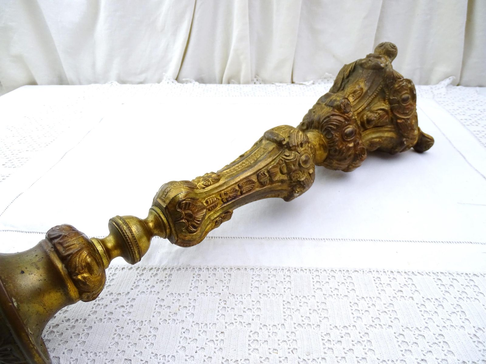 Large Tall Antique French 18th Century Church Liturgical Candle Holder Gilded Pressed Brass Metal, Vintage Catholic Religious Candlestick photo vinterior