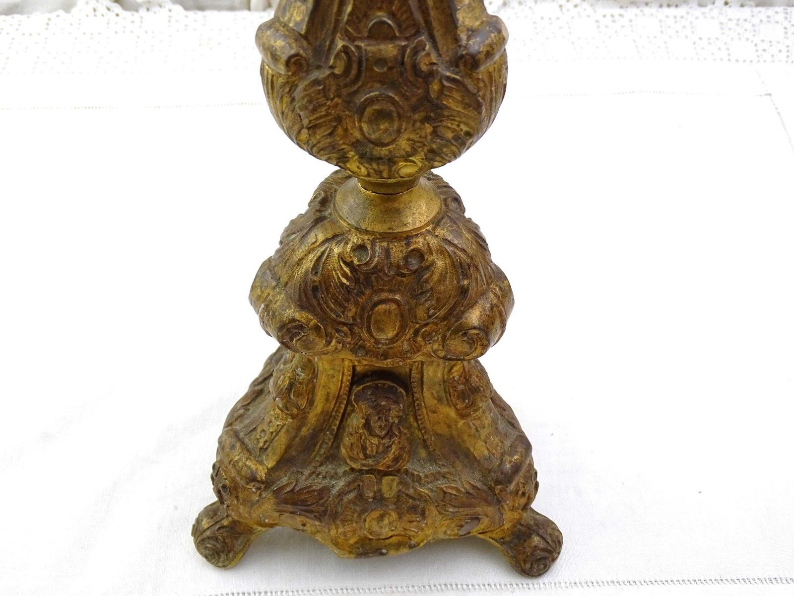 photo furniture Large Tall Antique French 18th Century Church Liturgical Candle Holder Gilded Pressed Brass Metal, Vintage Catholic Religious Candlestick