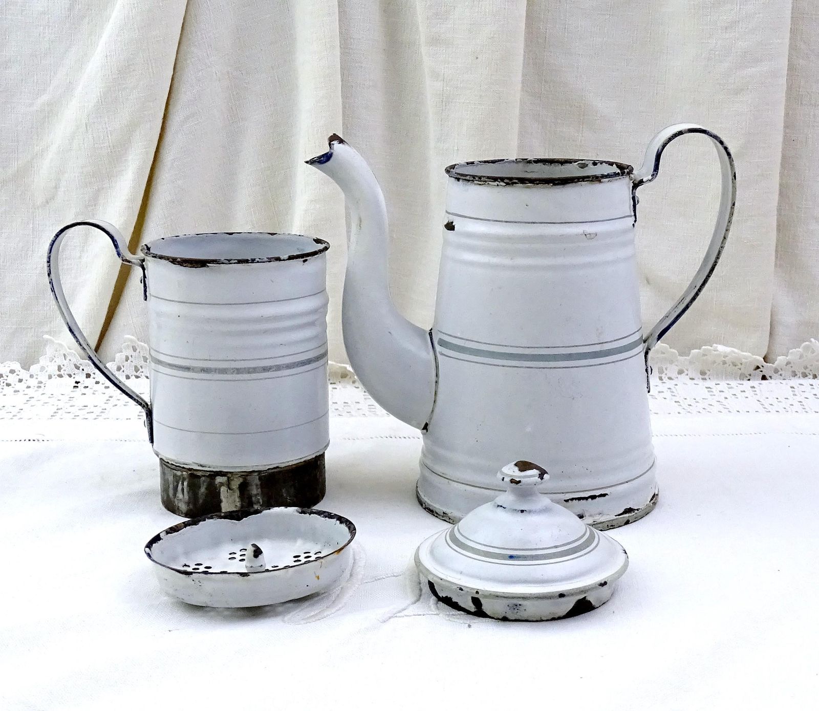 Small Antique French White Enamelware Complete Coffee Pot, 19th Century Early Enamel Pour Over Coffee Maker From France, Farmhouse Decor photo vintage