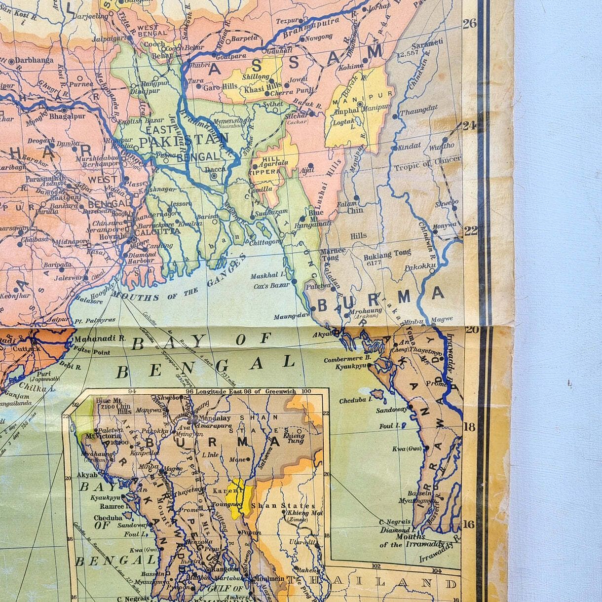 Vintage Wall Map Of India, Pakistan, Ceylon And Burma In 1950 photo buy