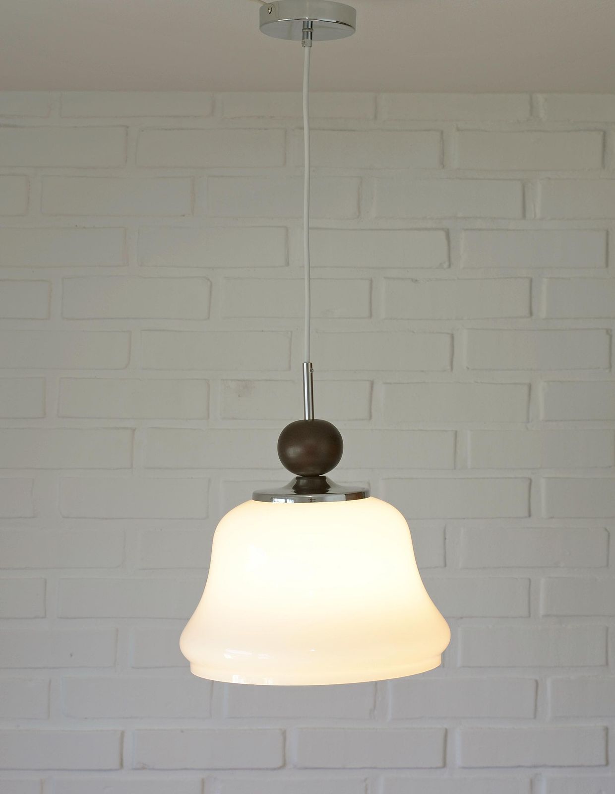 1 Of 2 Vintage White Pendant Light / Mcm Hanging Lamps / Bell Shape Opaline Glass Light Fixture / Yugoslavia 1970 Lighting / Ceiling Light photo for sale