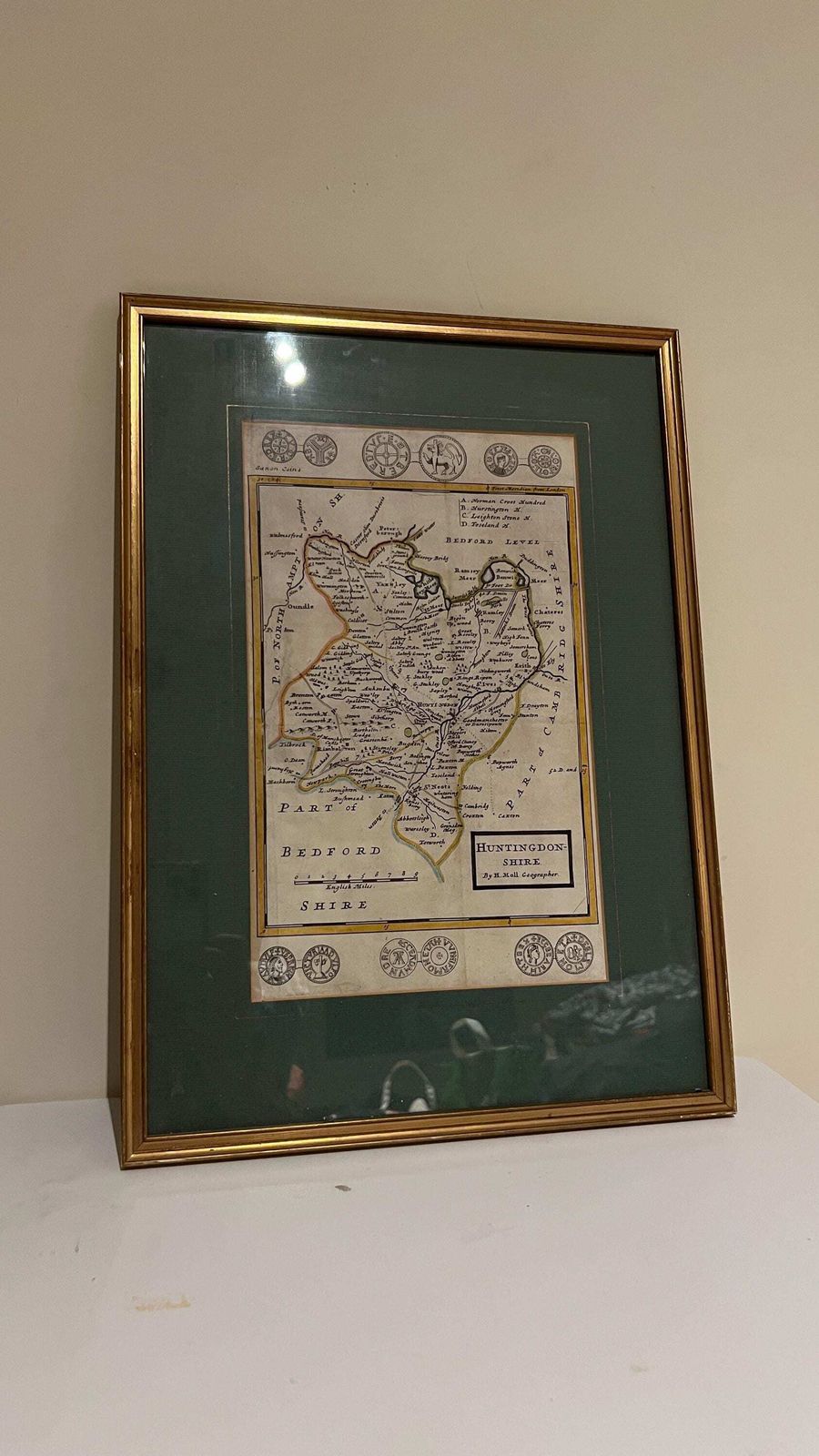 Framed 18th Century Map Of Huntingdonshire By Herman Moll – Antique English County Map
