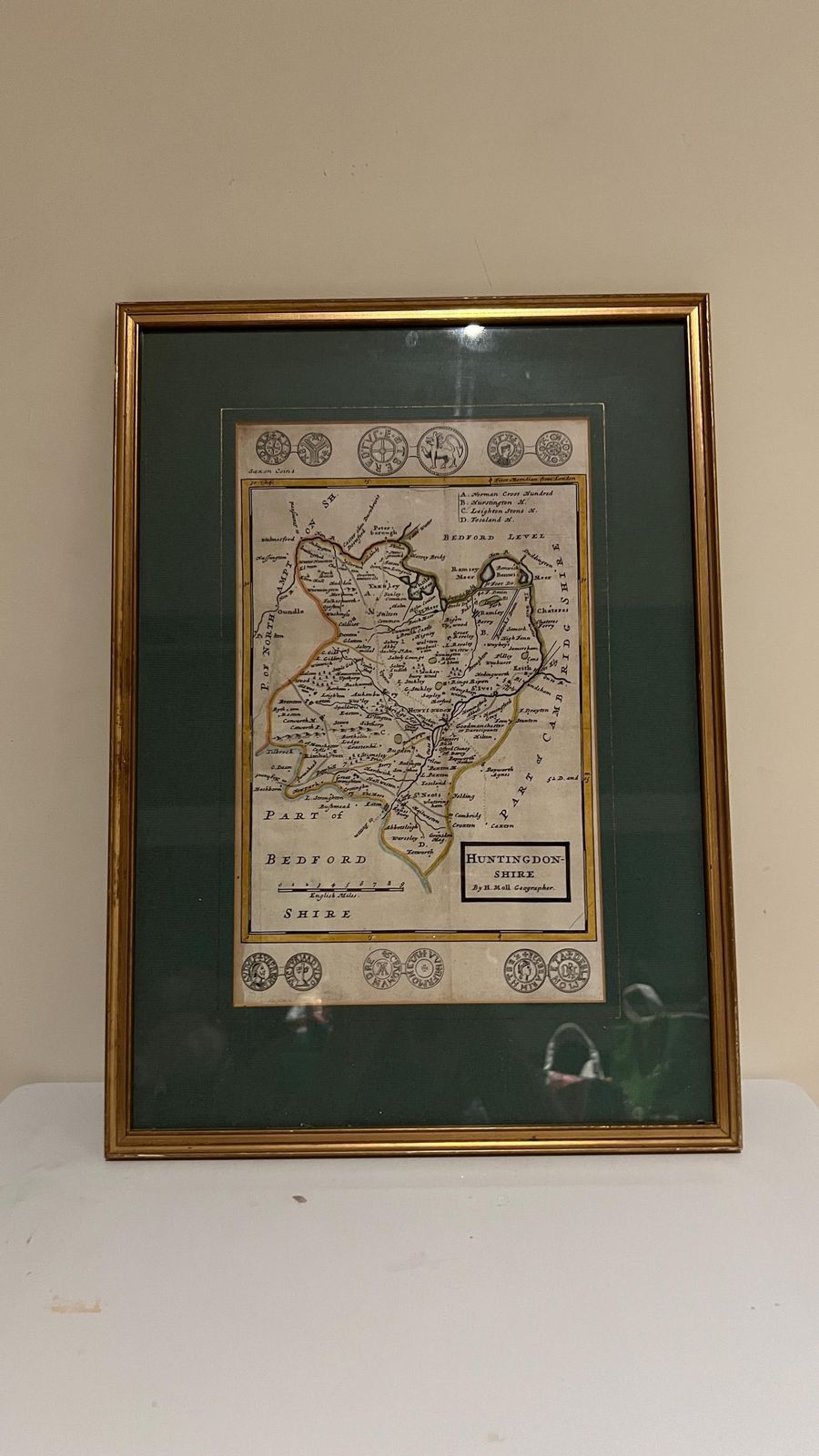 Framed 18th Century Map Of Huntingdonshire By Herman Moll – Antique English County Map photo furniture