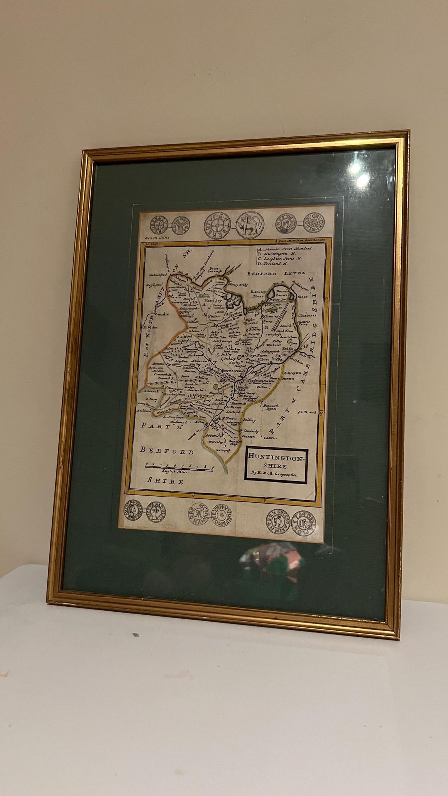 photo for sale Framed 18th Century Map Of Huntingdonshire By Herman Moll – Antique English County Map