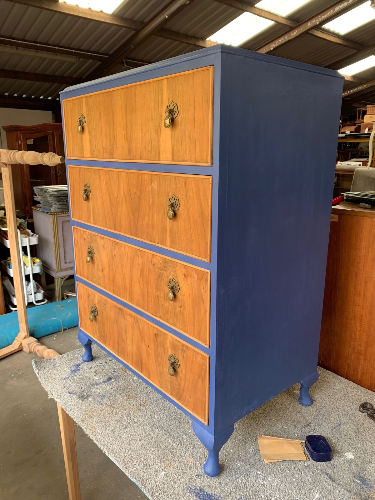 Upcycled 4 Drawer Chest In A  Blue Ink Colour On Queen Ann Legs. photo vintage
