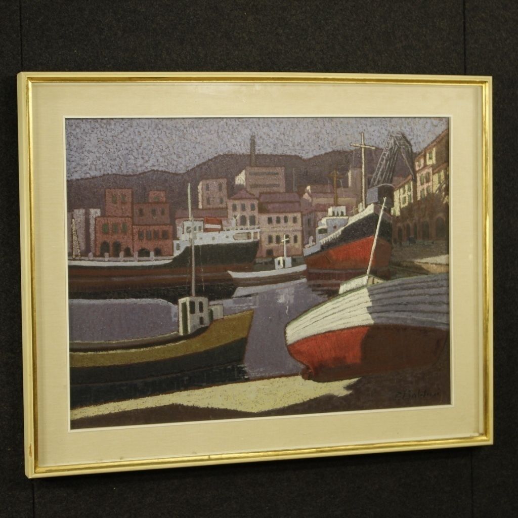 Italian Signed Painting Seascape With Boats From 20th Century