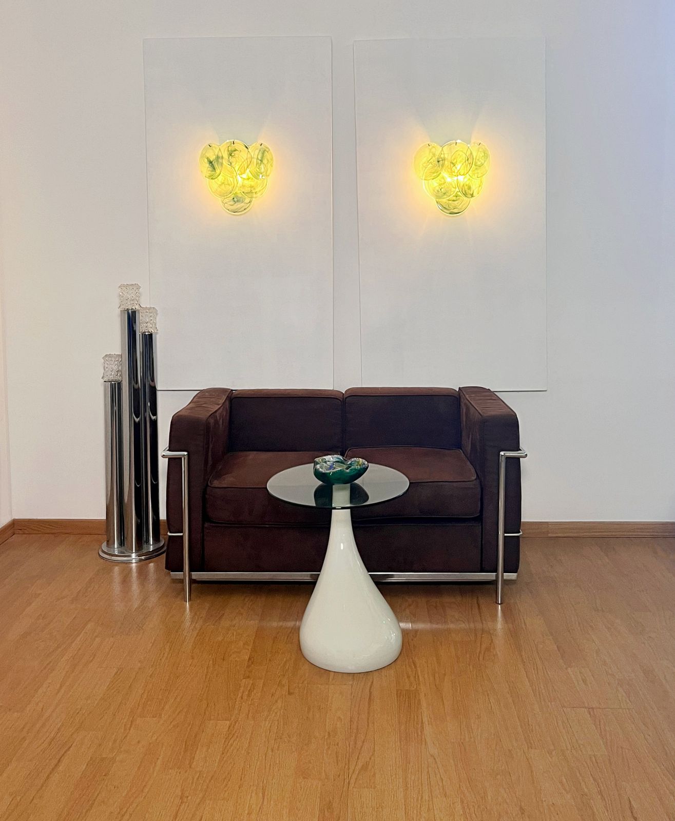 290.0 Pair Of Glass Wall Sconces   6 Alabaster Green Disks photo