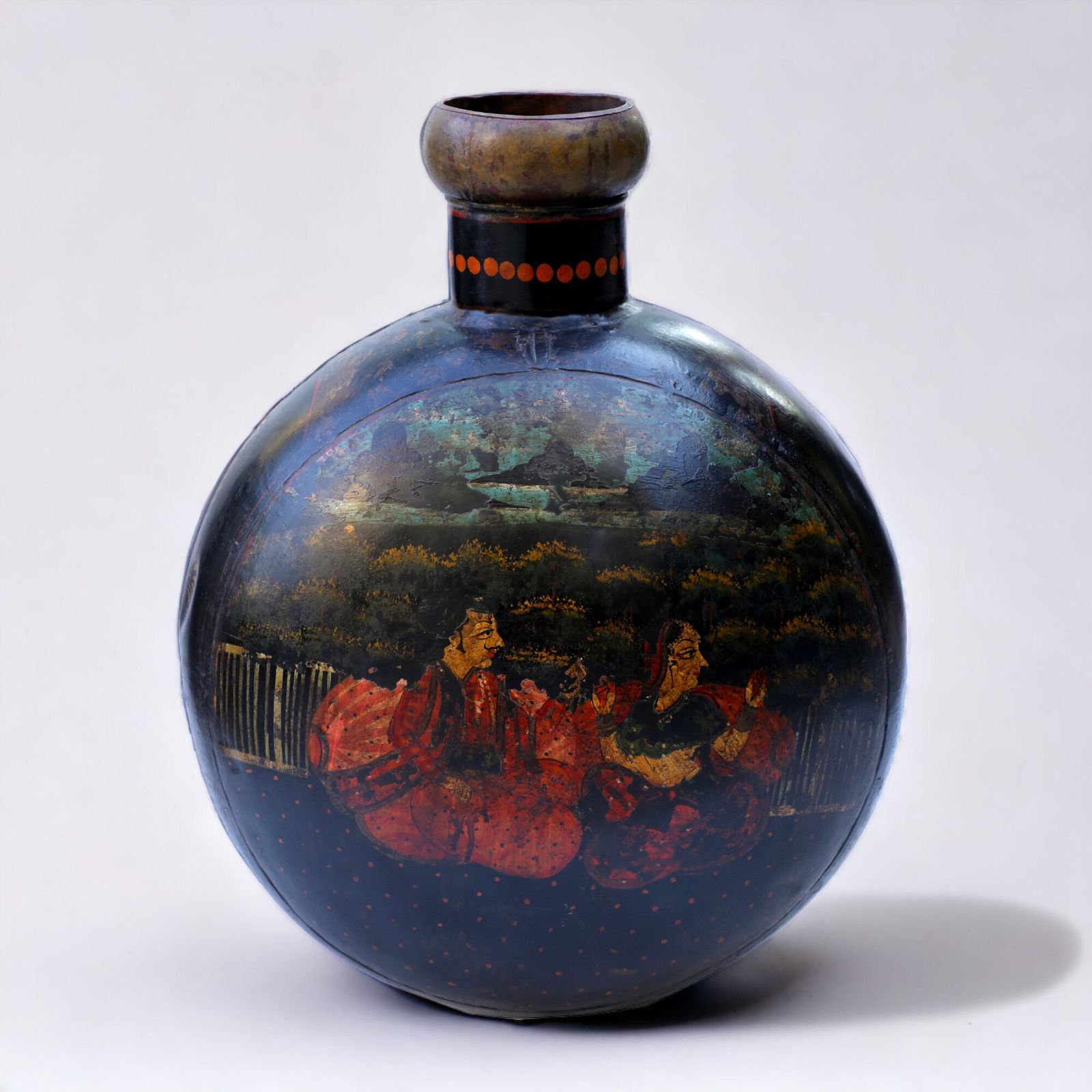 Antique 17th Century Indian Hand Painted Iron Water Vessel – Mughal Era Art With Jodha Akbar Scene photo Home Decor