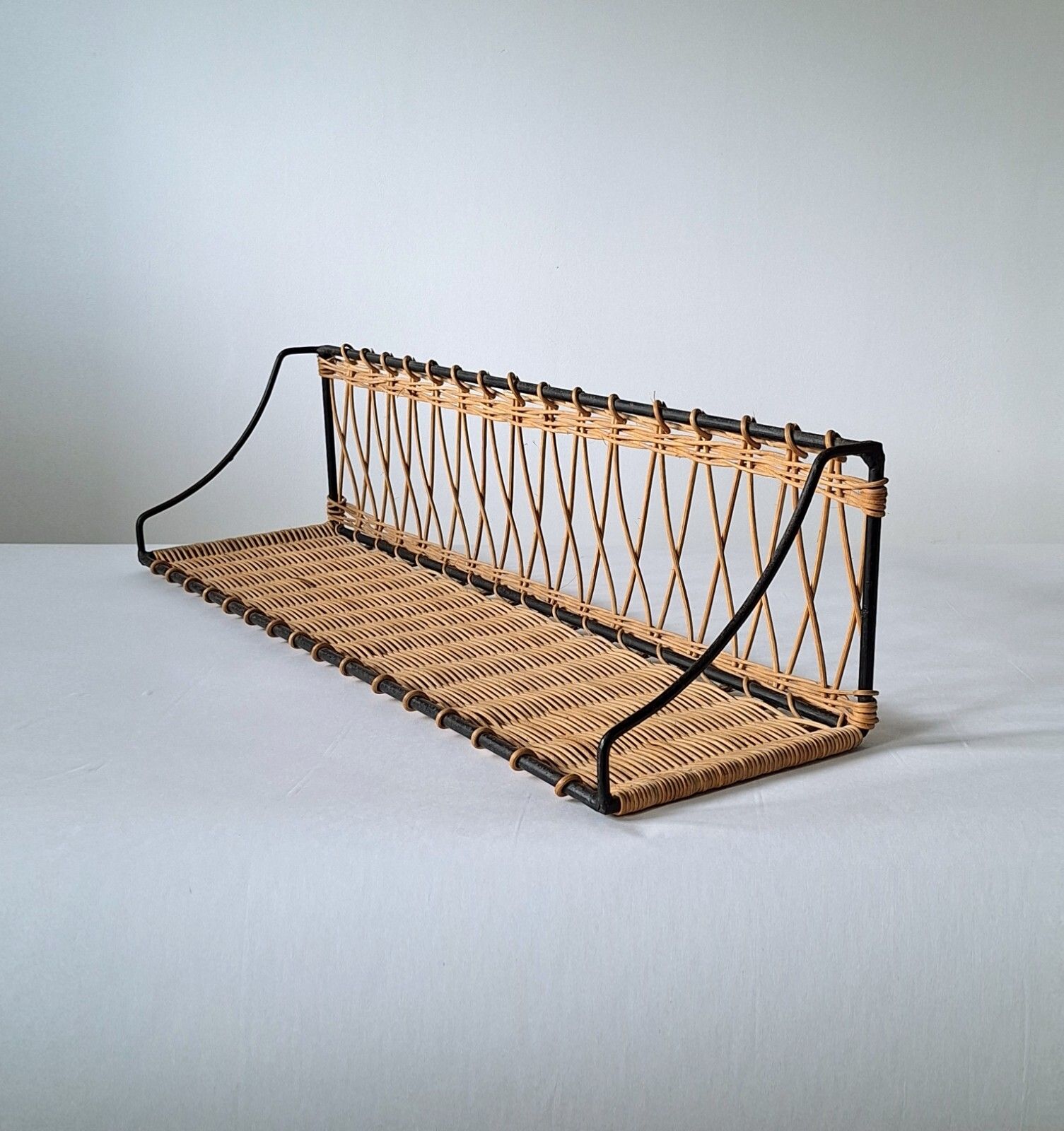 Mid Century French Wicker & Iron Shelf, Attd To Raoul Guy photo 345.0