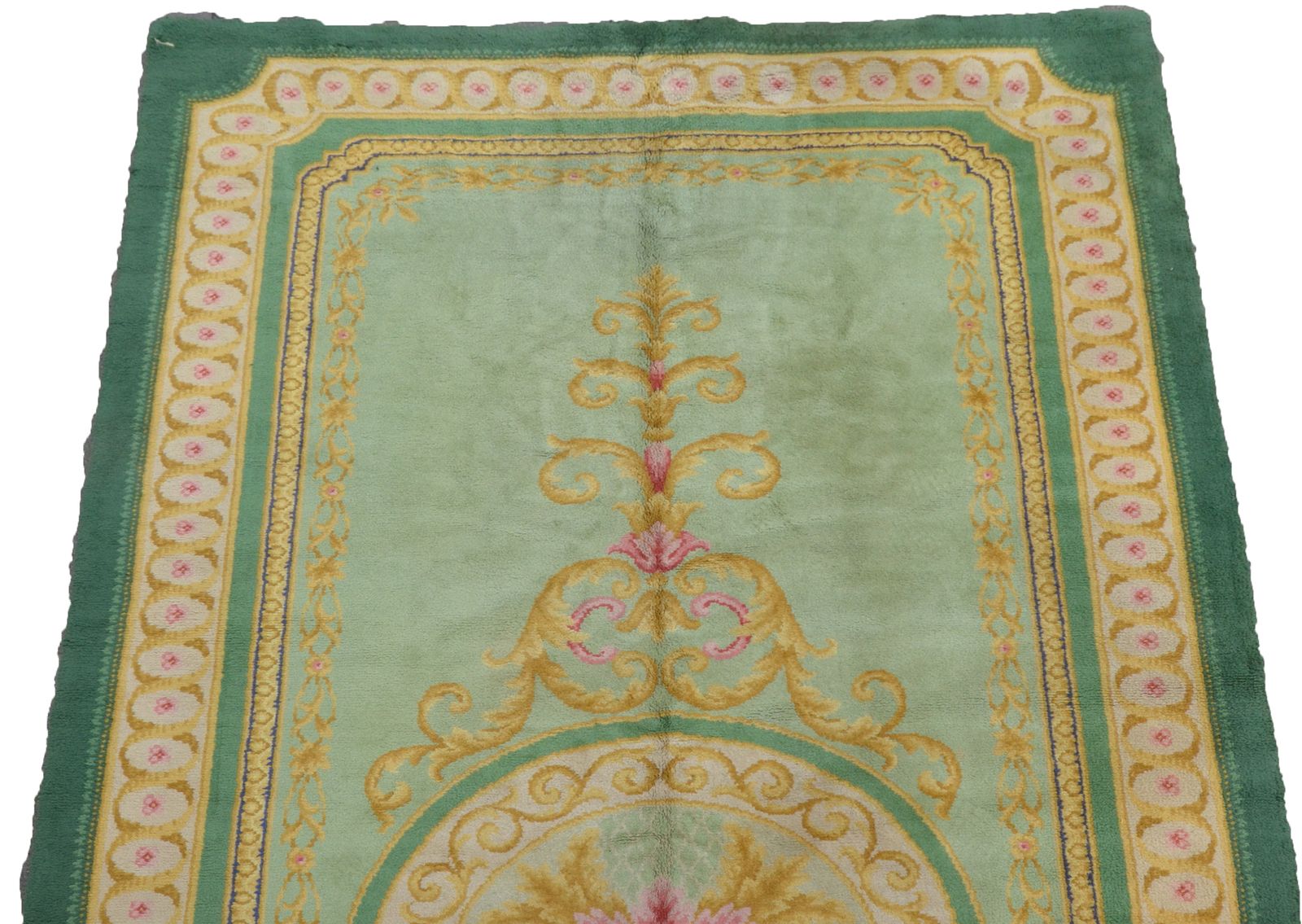 Vintage Spanish Carpet – Deep Green With Cream & Gold Medallion, Large Handwoven Rug 639x295cm photo Textiles